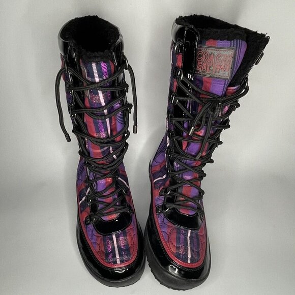 COACH Peggey W sz 8 B Plaid Purple Metallic Shearling Quilted Logo Boot Shoes - Picture 2 of 14